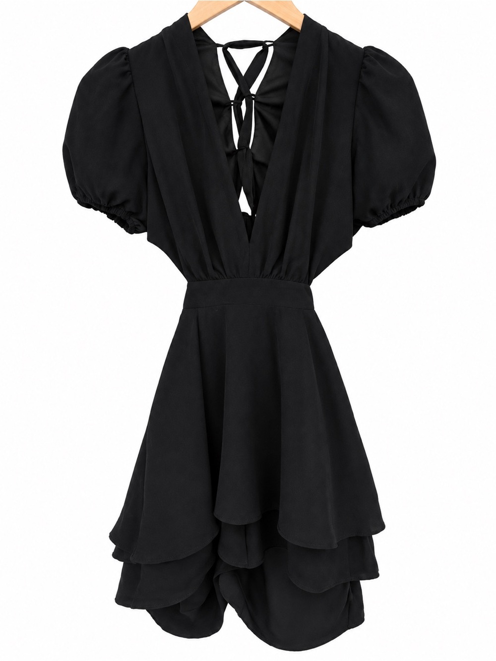Altar'd State Black Backless Puff-Sleeve Tiered Mini Dress